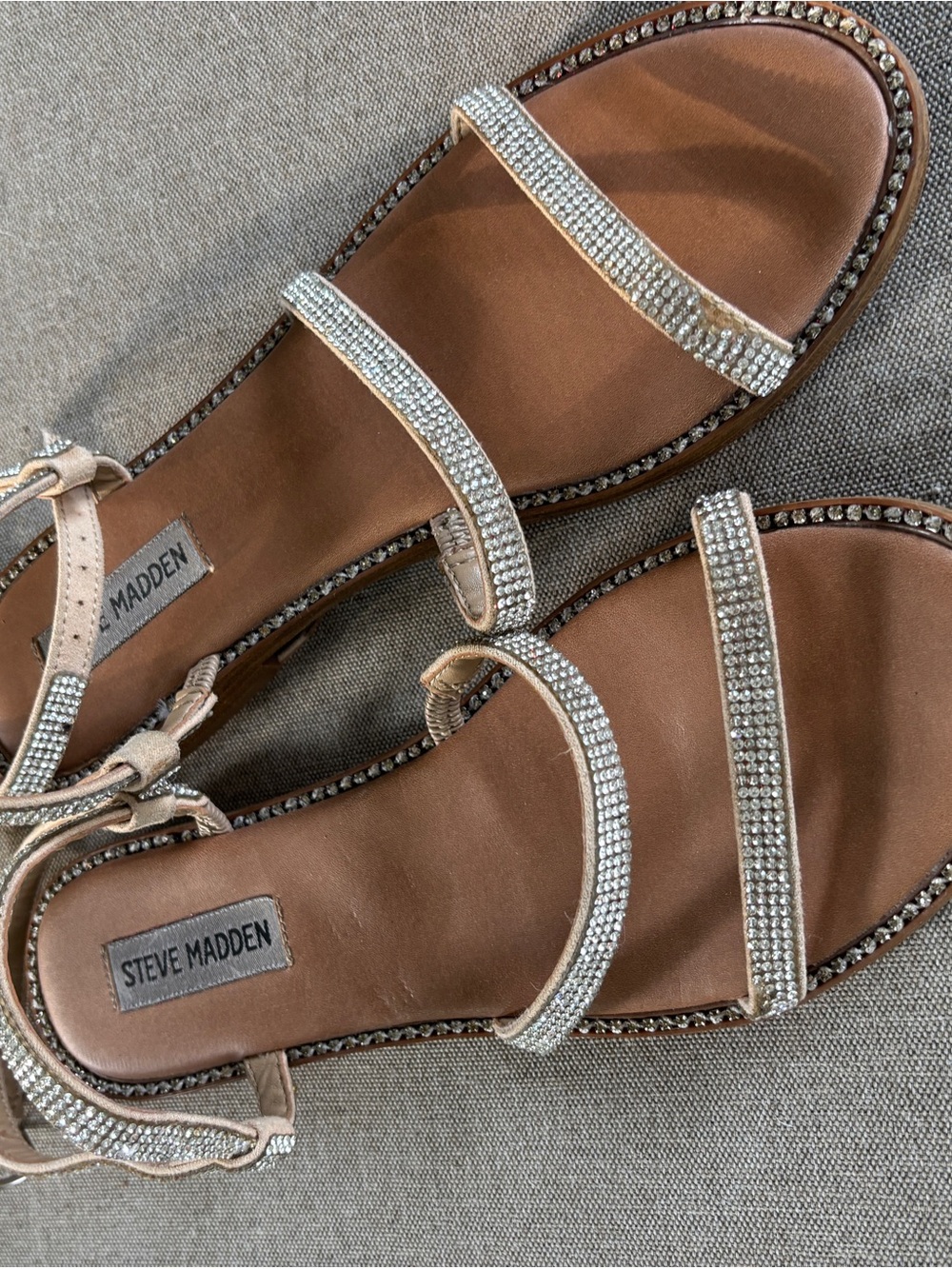 Steve Madden Crystal-Strap Sandals in Tan and Silver